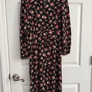 Zara Women's Black Floral Midi Dress with Pink Rose Print